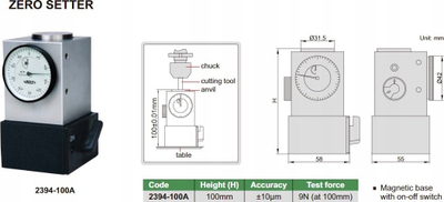 Pajisje Zero Setter Insize 2394-100A, 100 mm, bazë magnetike, metalike