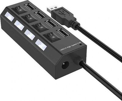 USB hub RoGer, 4 porta USB 2.0, çelësa individual On Off, i zi