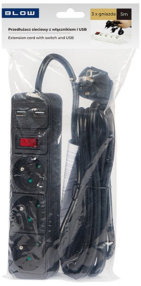 Paraliza BLOW PR-470WSP/USB, 3 dalje, 2x USB, 5m, e zezë