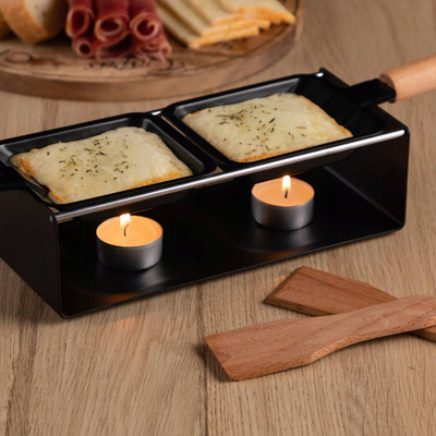 Set raclette Maku, 2 tiganë, metal edhe dru ahu, i zi