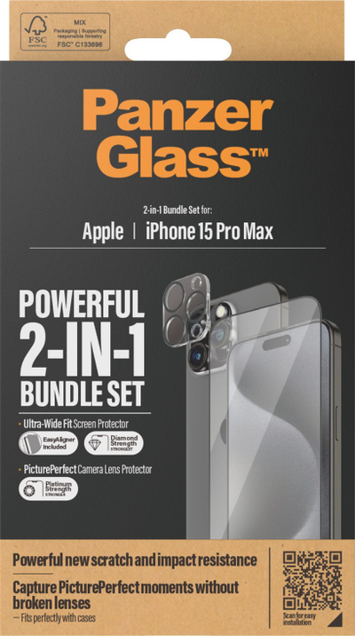 Mbrojtëse ekrani PanzerGlass 2‑në‑1, iPhone 15 Pro Max, xham ultra‑wide, mbrojtëse kamerash, transparente