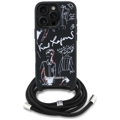 Mbulesë telefoni Karl Lagerfeld Crossbody për iPhone 16 Pro, lëkurë Saffiano, e zezë