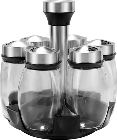Set kavanozësh për erëza DA304, 6 copë, bazë rrotulluese, xham dhe inox, i zi argjendtë transparent