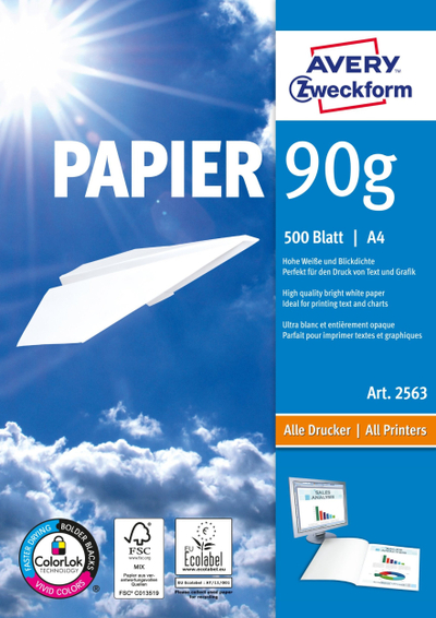 Letër printeri Avery Premium 2563, A4 210 x 297 mm, 90 g/m2, 500 fletë, e bardhë