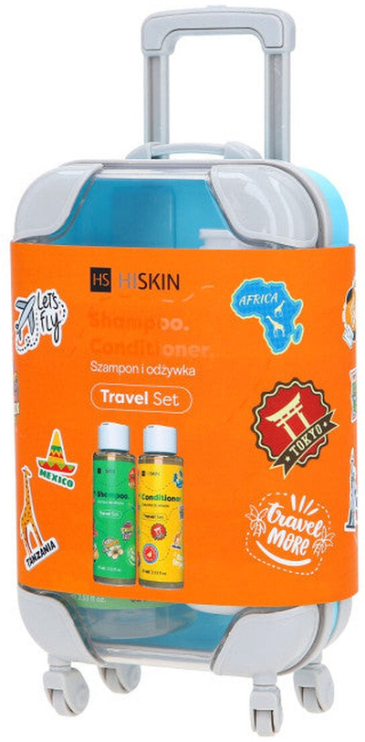 Set udhëtimi për flokë Hiskin Beauty Gift, shampo 75 ml, balsam 75 ml, valixhe plastike blu