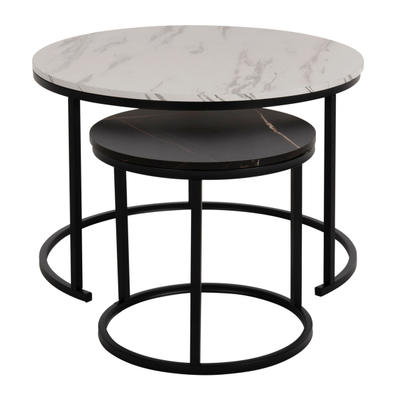 Tavolinë për kafe 2-pjesësh MDF marble mix & këmbë të zeza Φ80–48 cm (HM8763.14), zezë