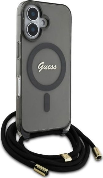 Këllëf telefoni Guess Crossbody Cord Script MagSafe për iPhone 16, me rrip, i zi