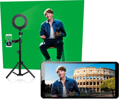 Set studio për krijues EasyPix MyStudio, sfond jeshil 2x3m, tripod edhe ring light LED