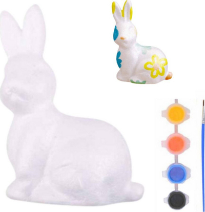 Set kreativ pikturimi për dekorime Pashke, figurë lepurush stiropor, 4 ngjyra, penel