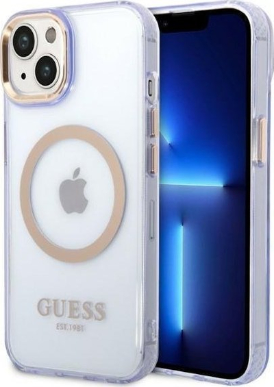 Mbulesë telefoni Guess GUHMP14SHTCMU për iPhone 14, MagSafe, e purpurt gjysmë transparente