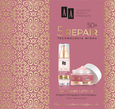 Set dhuratë kozmetik AA 5Repair Age Technology, serum dhe krem dite, lifting për fytyrë, rozë