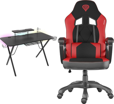 Set gaming Genesis Holm 300 RGB Nitro 330, tavolinë 120x60 cm, karrige ergonomike, e zezë me të kuqe