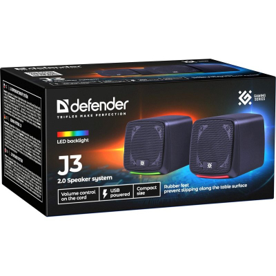 Компјутерски звучници Defender J3 2.0, 6W, USB, со ЛЕД, црни