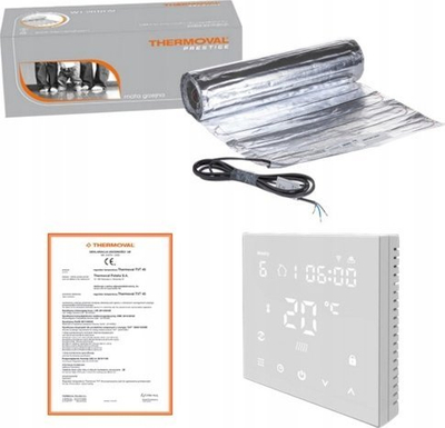 Set ngrohje nën dysheme Thermoval WT 2010 AL 1.0 m² + TVT 45, tapet ngrohës me alumin, termostat Wi‑Fi, i bardhë