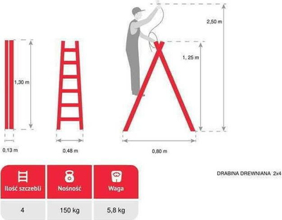 Shkallë druri Awtools 2x4 shkallë, kapacitet 150kg, dru pishe natyrale