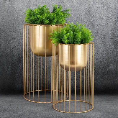 Set vazo dekorative metalike WY POT 191, 2 copë, dizajn rrjetë, ngjyrë ari