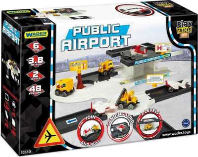 Set loje aeroporti Wader Play Tracks City Public Airport, 3.8m, 6 makina, shumëngjyrësh