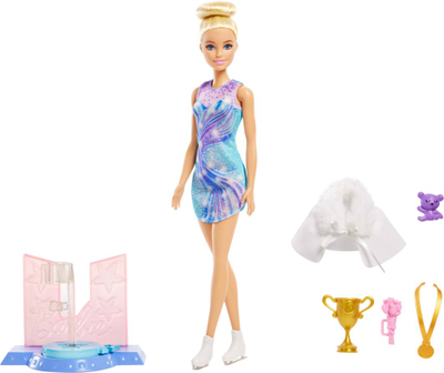Kukull Barbie Mattel Ice Skater JKB48, me aksesorë, fustan blu