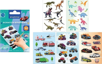 Stickerë gërryes Starpak Scratch Stickers Boy, 50 copë, me makina dhe dinosaurë, shumëngjyrëshe