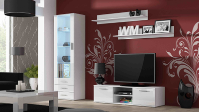 Komodë TV Bed Meble Soho 140, me rafte, e bardhë me shkëlqim