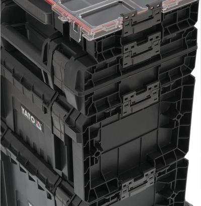 Kuti veglash me rrota Yato System Tool Box YT-09174, set 4 copë, me dorezë teleskopike, ngjyrë e zezë