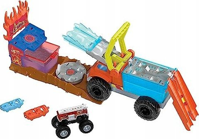 Set loje Hot Wheels Monster Trucks 5 Alarm Rescue, Color Shifters, me 1 monster truck dhe 2 makina, shumëngjyrësh