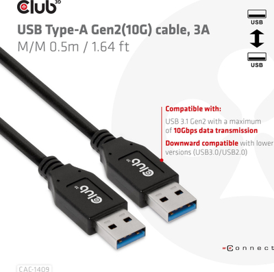 Kabllo USB Club 3D CAC-1525, USB 3.2 Gen1 Type A në Type A, 0.5m, e zezë