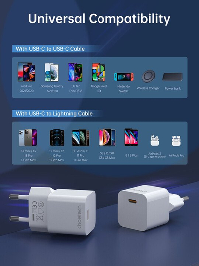 Karikues Choetech PD5010, USB-C, PD, 20W, i bardhë