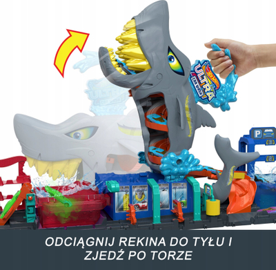 Pistë garash Hot Wheels City Ultra Shark Car Wash, me ujë, ndryshim ngjyre, shumëngjyrëshe