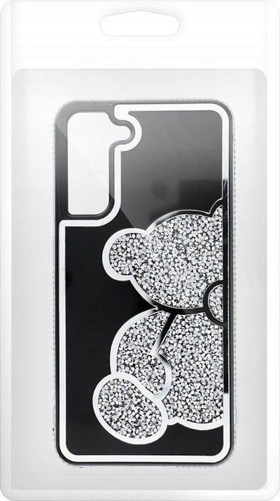Kapak telefoni Teddy Bear për iPhone 14 Pro, TPU fleksibël, dekor me shkëlqim, i zi me argjend