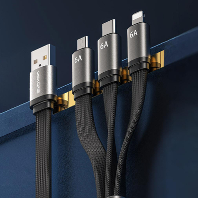 Kabllo karikimi Wekome WDC-157 King Kong, 3 në 1 USB-A në Lightning USB-C Micro USB, 6A 1.3m, e zezë