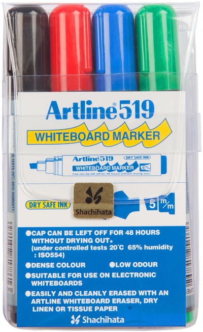 Markera whiteboard Artline 519, set 4 copë, majë 5 mm, shumëngjyrëshe