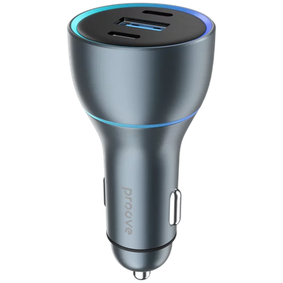 Karikues për makinë Proove Supercharge, 130W, 2×Type-C + USB, metal gri
