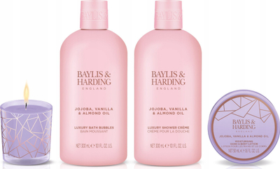Set dhurate për banjo Baylis &amp; Harding Candlelit Bathing, Jojoba Vanilje Bajame, me qiri me erë të mirë, në ngjyrë rozë