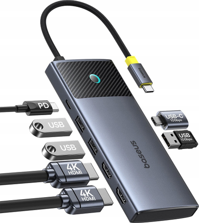 HUB Baseus Metal Gleam Series II 7‑në‑1 USB‑C, 2x HDMI 4K, 100W PD, gri
