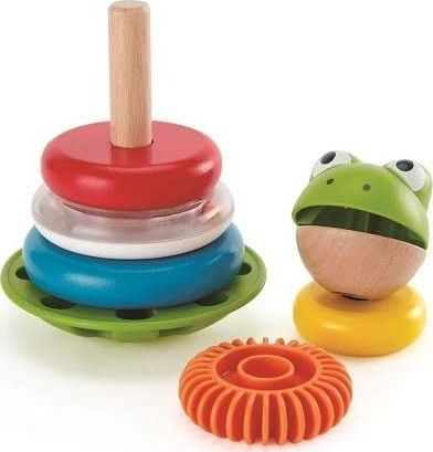 Lodër grumbulluese Hape Mr. Frog Stacking Rings, 5 unaza, bazë që lëkundet, shumëngjyrëshe