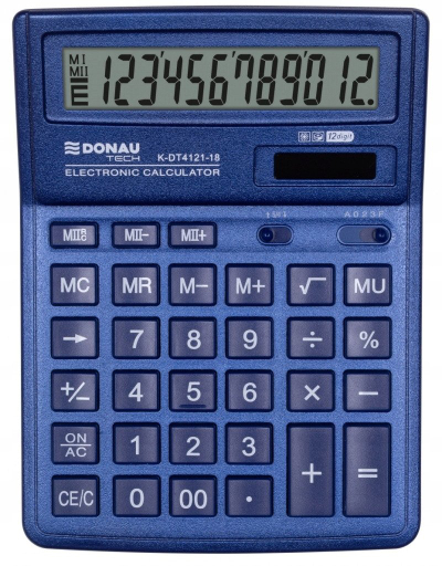 Калкулатор за канцеларија Donau K-DT4121-18, 12 цифри, на сончева енергија и батерија, син