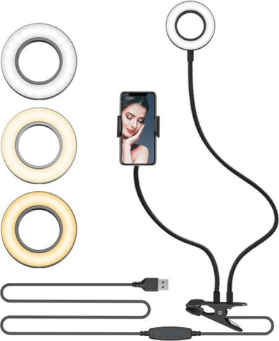Lampë unazë LED Platinet Ring Light 6", 3 ngjyra drite, me mbajtës telefoni, e zezë