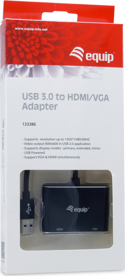 Adapter grafik USB Equip 133386, USB 3.0 n' HDMI e VGA, 1920x1080, i zi