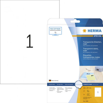 Etiketa transparente Herma A4, 210 x 297 mm, ngjitës permanent, 10 copë