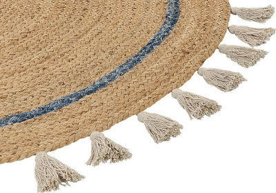 Tapet rrumbullak prej jute Boho, 140 cm, i end me dorë, bezhë me blu