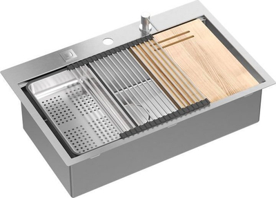 Lavaman kuzhine GraniteQ BURT Workstation SteelQ, 1 vaskë, 76x50x22 cm, inoks, i argjendtë