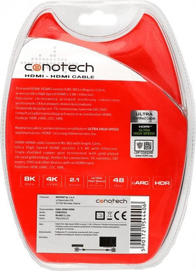 Kabllo HDMI Conotech NS-003, 2.1 Ultra High Speed, 8K 4K 120Hz, 3m, e zezë