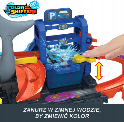 Pistë garash Hot Wheels City Ultra Shark Car Wash, me ujë, ndryshim ngjyre, shumëngjyrëshe