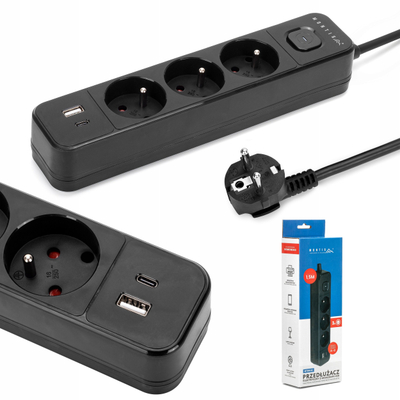 Zgjatues elektrik Montis MT185-BK-3, 3 priza, porta USB, 3m, i zi