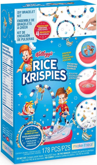 Set lodrash Make It Real Kellogg's Rice Krispies, kit byzylykësh DIY, 4 byzylykë, shumëngjyrësh