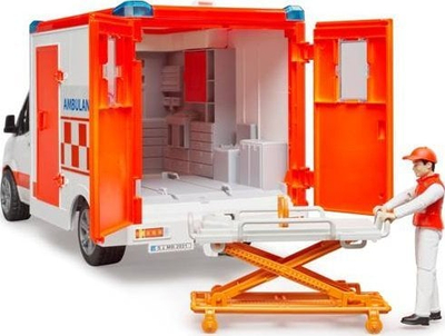 Lodër autoambulancë Bruder 02676 Mercedes Sprinter, 1:16, me figurë paramediku, e bardhë