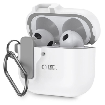 Mbulesë Tech-Protect Slim Hook për Apple AirPods 4, polikarbonat, me karabinë, e bardhë