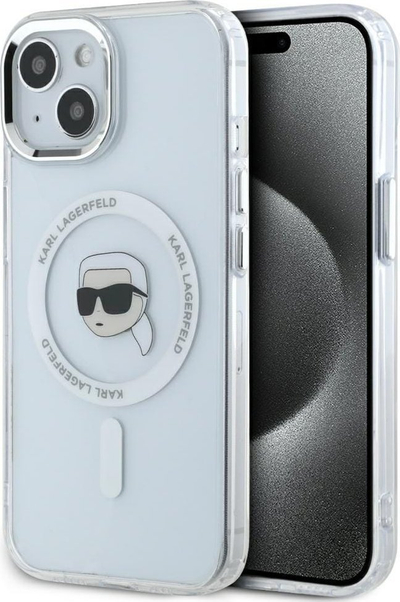 Заштитна маска за телефон Karl Lagerfeld IML Head Metal Frame MagSafe, за iPhone 15, транспарентна