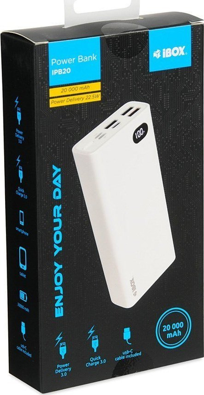 Надворешна батерија iBOX PB20, 20000mAh, Power Delivery 3.0, бела